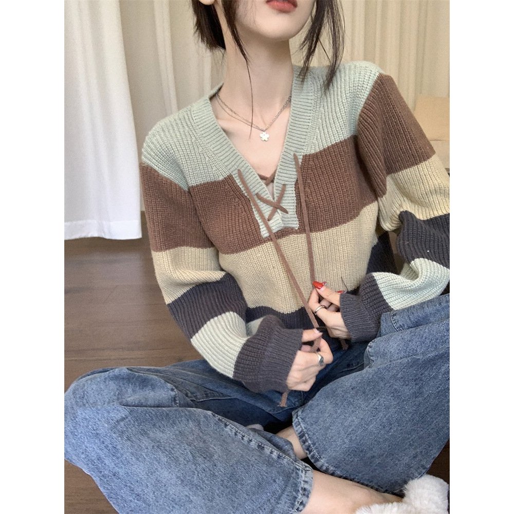 Áo len thời trang nữ cổ V phối cùng dây đan chéo cổ, Áo croptop vải len dệt Quảng Châu phong cách Hàn Quốc 1STCLOTHES