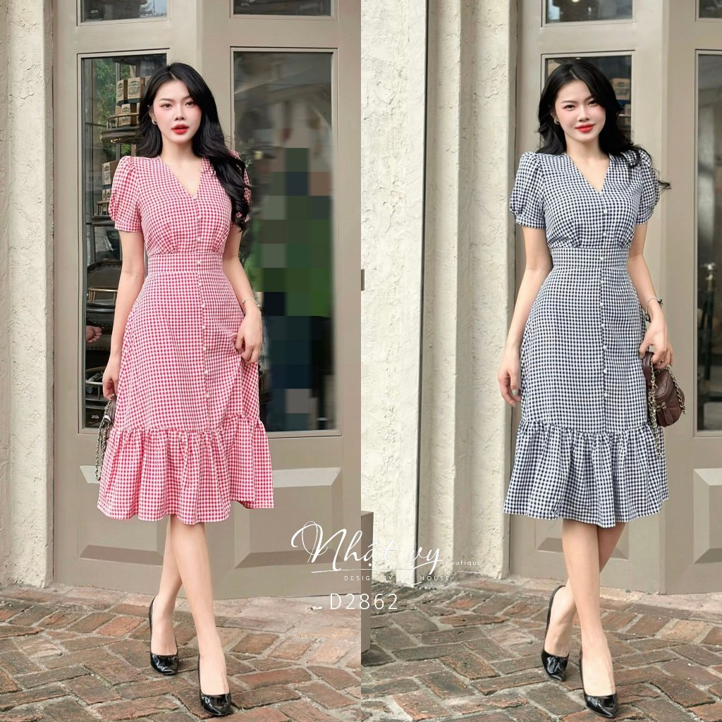 Đầm công sở Nhật Vy cổ V đuôi cá đính nút tay phồng chất caro ngôi sao phù hợp dự tiệc đi chơi dạo phố - D2862
