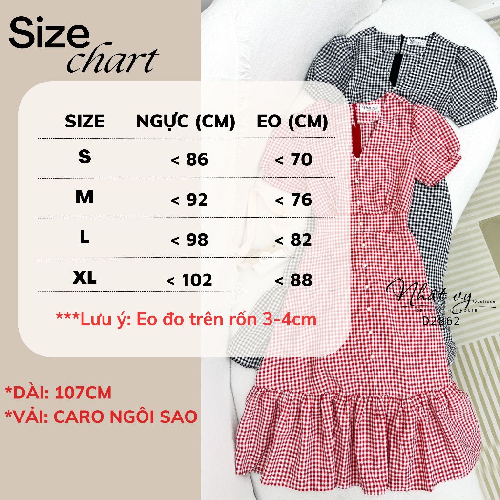 Đầm công sở Nhật Vy cổ V đuôi cá đính nút tay phồng chất caro ngôi sao phù hợp dự tiệc đi chơi dạo phố - D2862