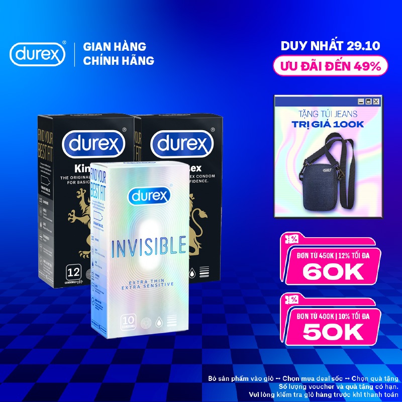Bộ 2 hộp bao cao su Durex Kingtex ôm sát size 49mm và 1 hộp bao cao su Durex Invisible siêu mỏng size 52mm (10 bao/hộp)