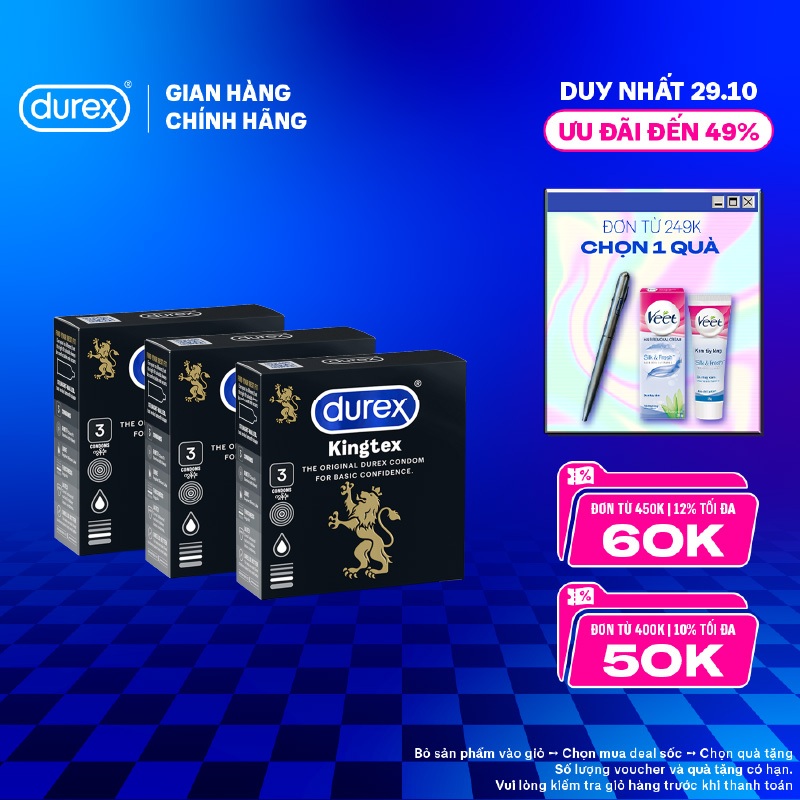 Bộ 3 bao cao su Durex Kingtex ôm sát, size 49mm 3 bao/hộp