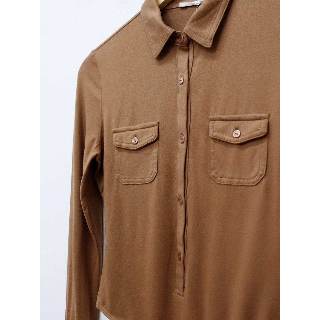 C3538 - 	Bodysuit sơ mi tay dài túi trước trơn