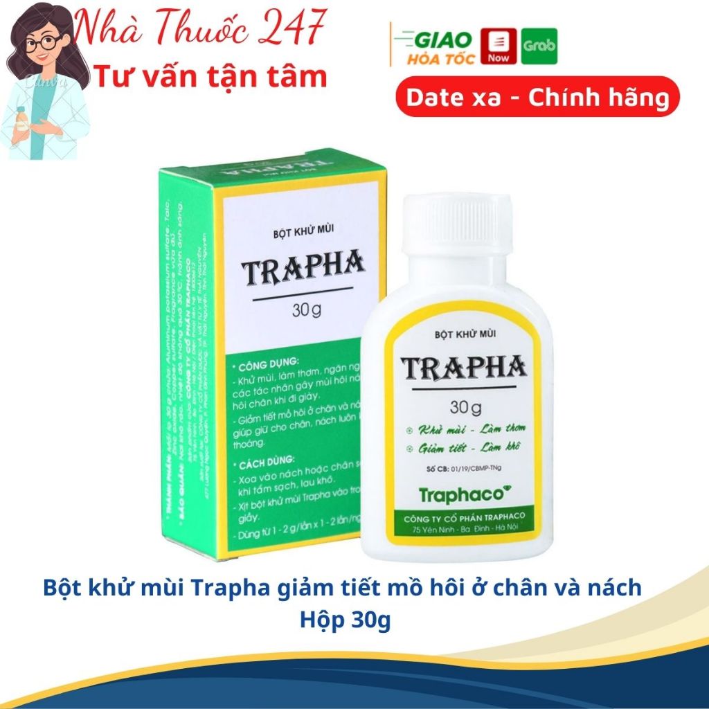 Trapha giúp khử mùi hôi chân, hôi nách, dạng bột giúp hết mùi, làm thơm hộp 30g