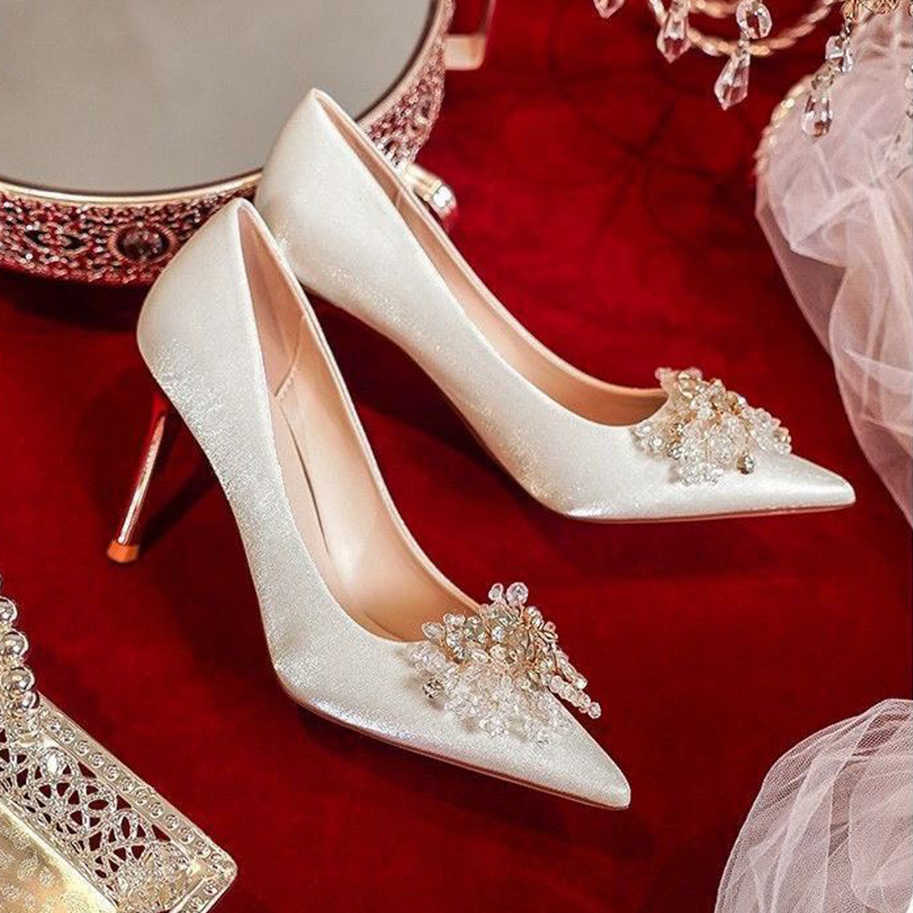 Giày cưới cô dâu nơ hoa đá tiểu thư V48 - Giày nữ cao gót 8cm da lụa sang chảnh