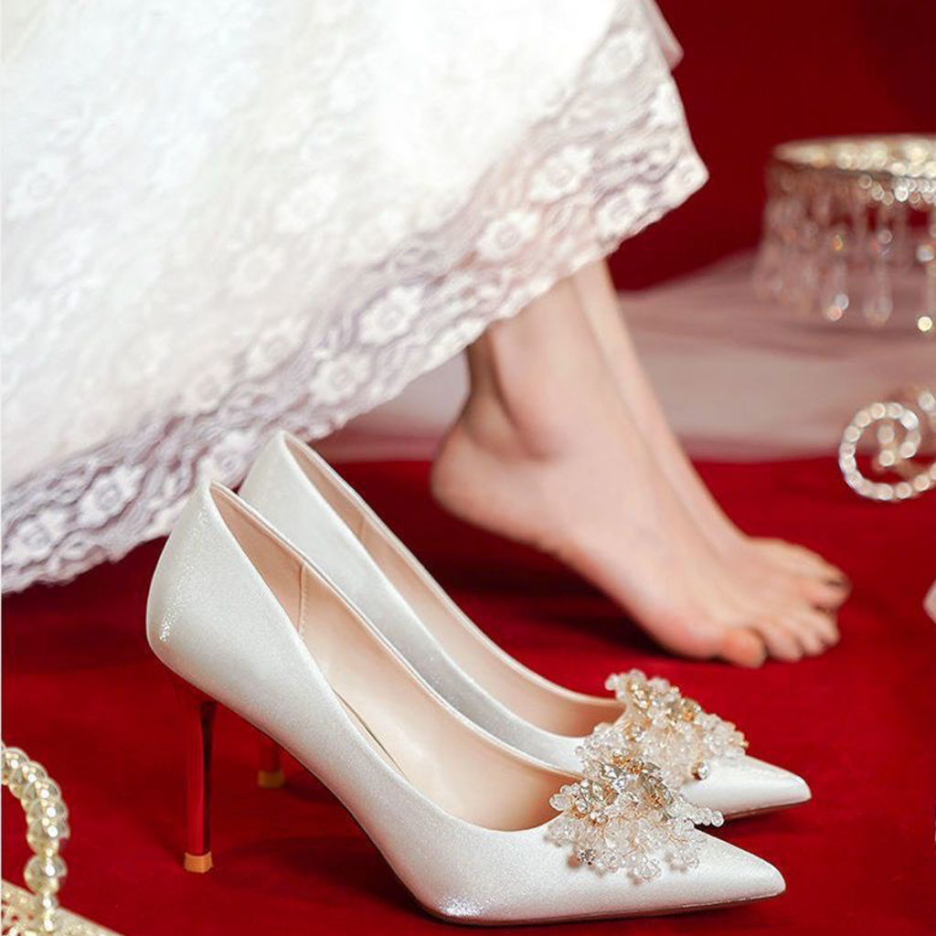 Giày cưới cô dâu nơ hoa đá tiểu thư V48 - Giày nữ cao gót 8cm da lụa sang chảnh