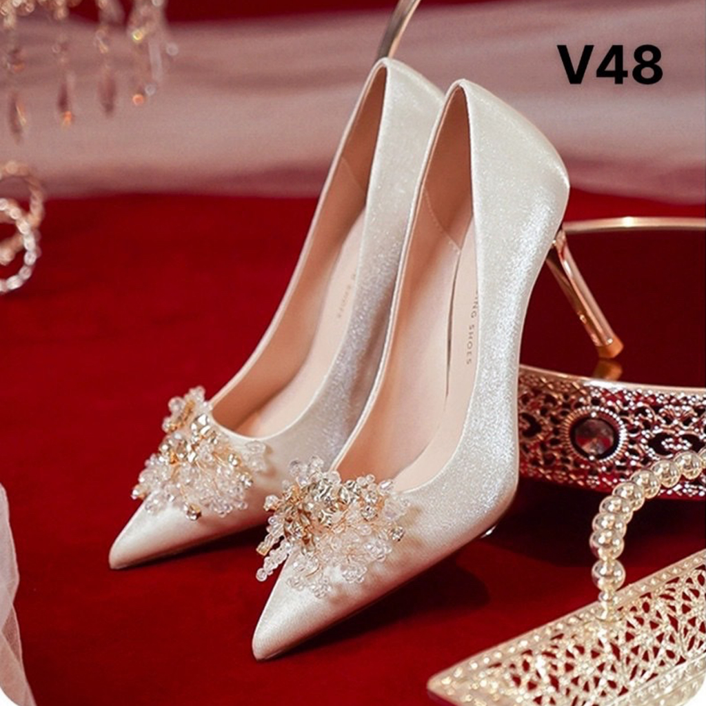 Giày cưới cô dâu nơ hoa đá tiểu thư V48 - Giày nữ cao gót 8cm da lụa sang chảnh