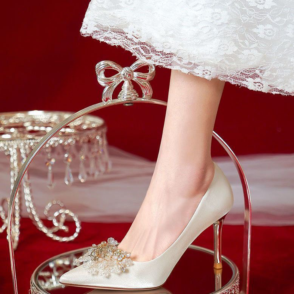 Giày cưới cô dâu nơ hoa đá tiểu thư V48 - Giày nữ cao gót 8cm da lụa sang chảnh