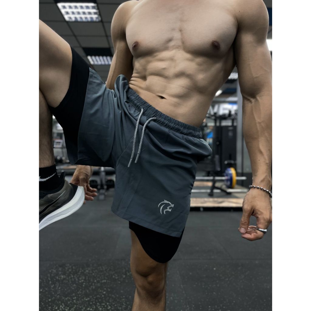 Quần short tập gym nam 2 lớp Gymlab, quần ngắn thể thao màu Đen, Xám form trên gối chất vải thoải mái thoáng mát