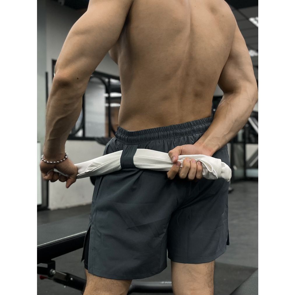 Quần short tập gym nam 2 lớp Gymlab, quần ngắn thể thao màu Đen, Xám form trên gối chất vải thoải mái thoáng mát