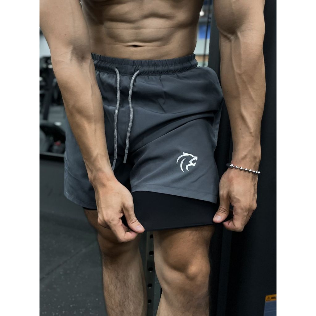 Quần short tập gym nam 2 lớp Gymlab, quần ngắn thể thao màu Đen, Xám form trên gối chất vải thoải mái thoáng mát