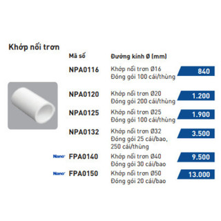 Khớp Nối Trơn(phi 16/20/25/32), Nanoco