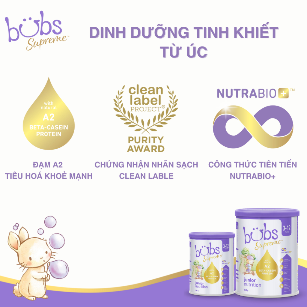 Sữa Bubs Supreme Junior Nutrition 800g dành cho bé từ 3 - 12 tuổi, nhập khẩu từ Úc Date 12.2024