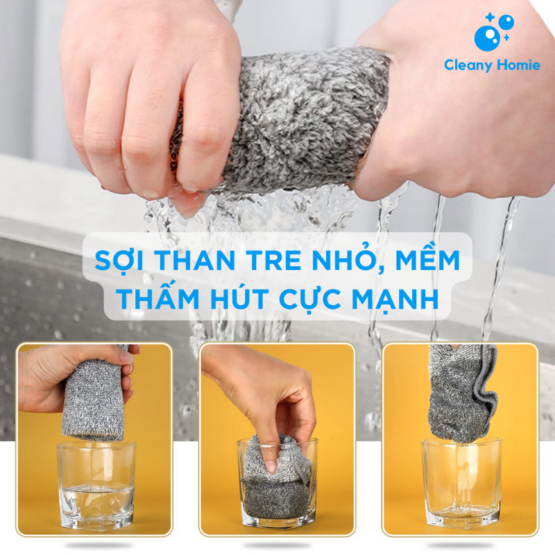 Khăn lau bếp đa năng sợi than tre 30x30 không dính dầu, khăn lau tay, lau bát nhà bếp siêu thấm hút, kháng khuẩn