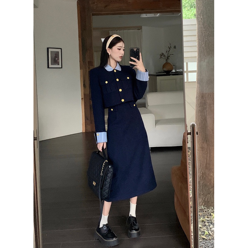 Set váy dạ phối sơ mi và áo khoác dạ