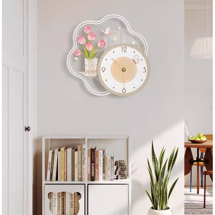 Tranh Đồng Hồ Hình Bông Hoa Gắn Đèn Led Hiện Đại, Tranh Đồng Hồ 2 Lớp Trang Trí Phòng Khách, Văn Phòng, Làm Quà Tặng