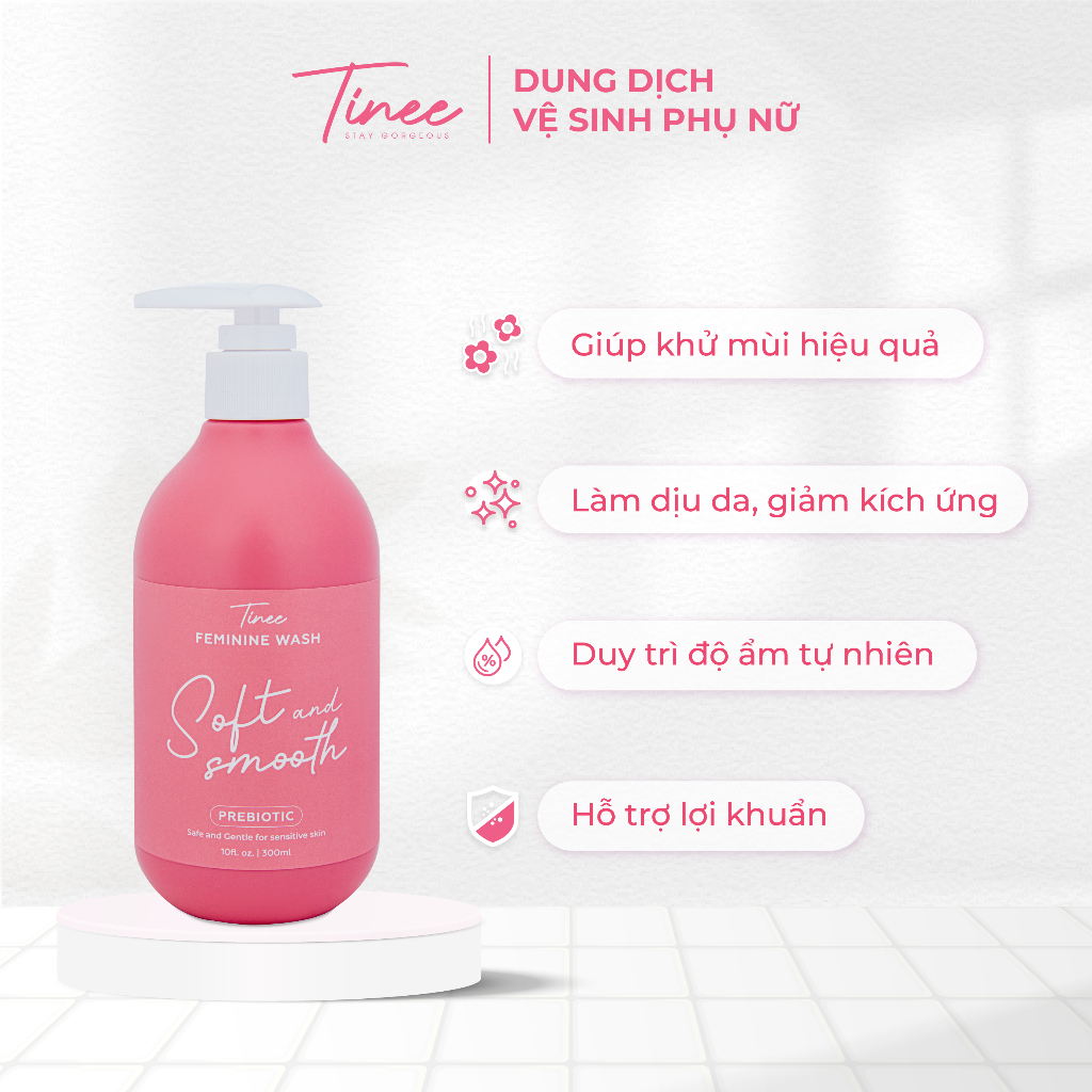 Dung dịch vệ sinh phụ nữ Tinee - Hỗ trợ lợi khuẩn, khử mùi, làm sạch dịu nhẹ - Hương ngọt dịu (300ml/chai)