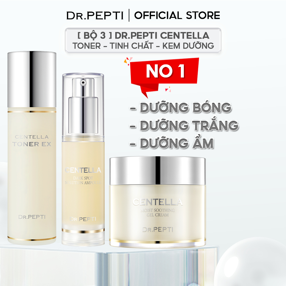 Bộ 3 Dr.Pepti Centella - Toner Dưỡng Da Căng Bóng 180ml - Tinh Chất Dưỡng Trắng 30ml - Kem Dưỡng Ẩm Làm Dịu Da 70ml