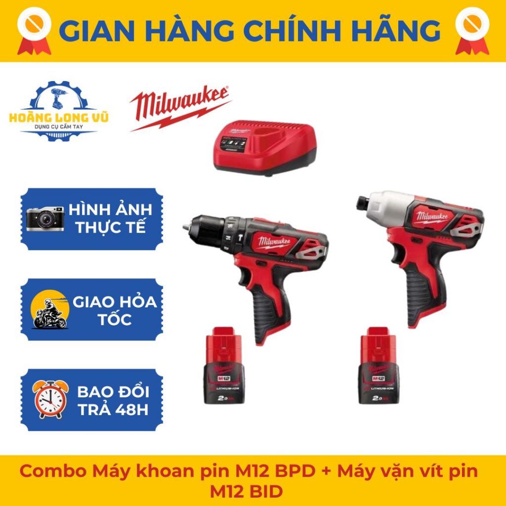 Combo siêu tiết kiệm Máy khoan pin M12 BPD + Máy vặn vít pin M12 BID