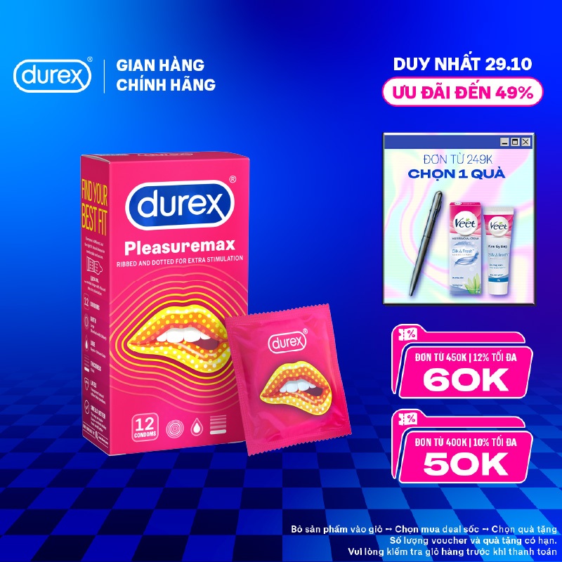 Bao cao su Durex Pleasuremax gân gai, size 56mm, 12 bao/hộp