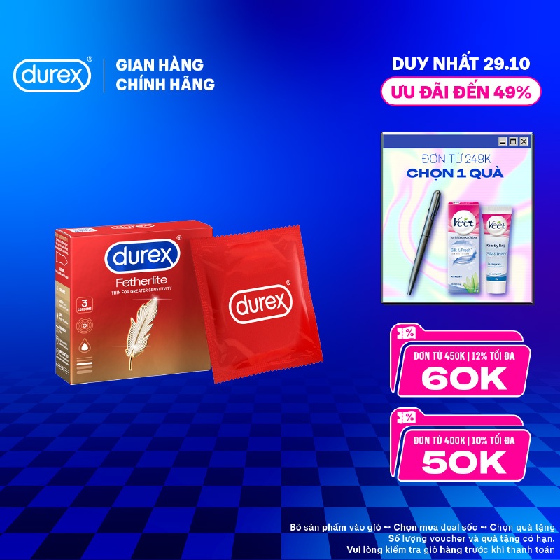 Bao cao su Durex Fetherlite siêu mỏng, size 52.5mm, 3 bao/hộp