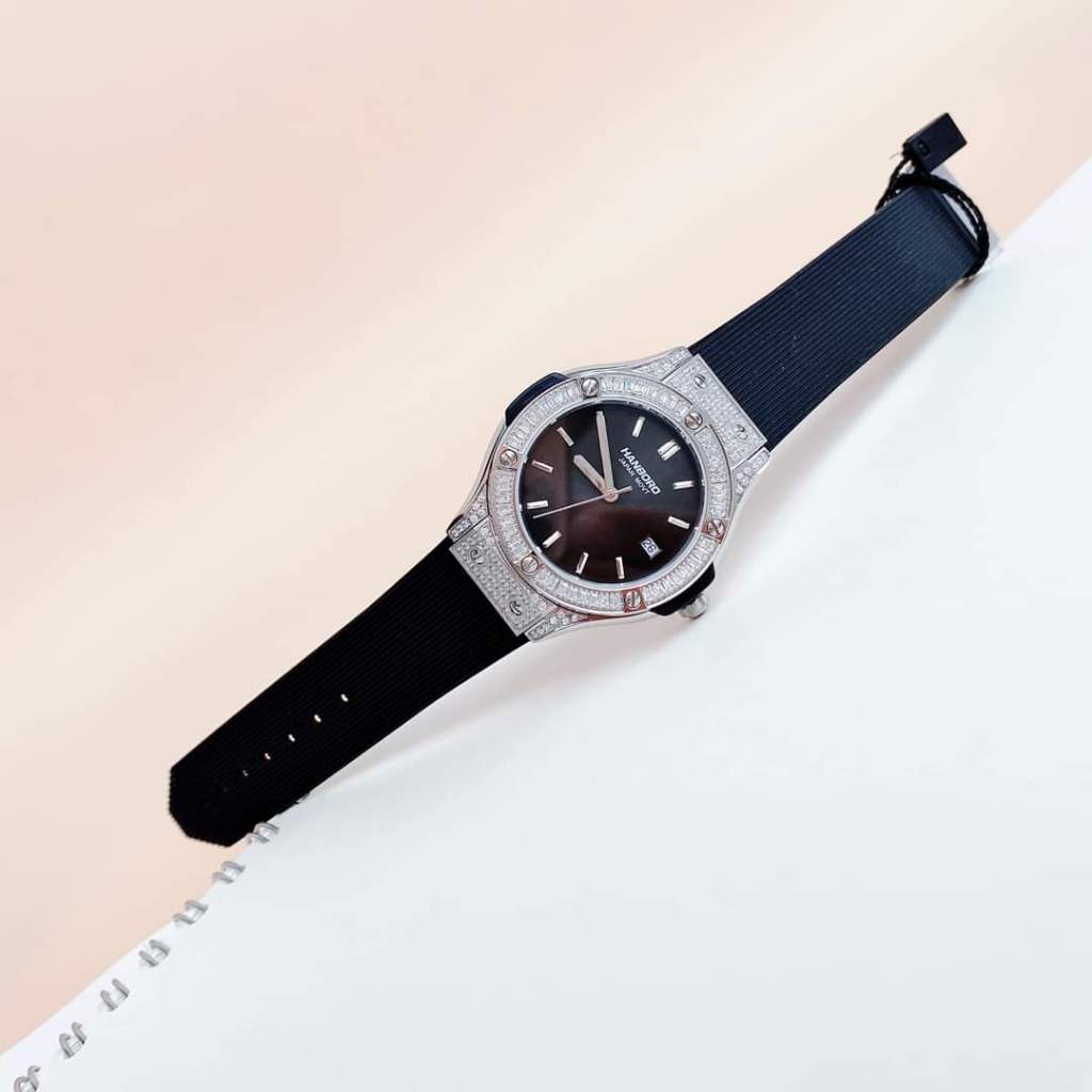 Đồng Hồ Cặp Đôi Nam Nữ Đính Đá Hanboro Dây Silicon Màu Đen Size 42mm/33mm Fullbox