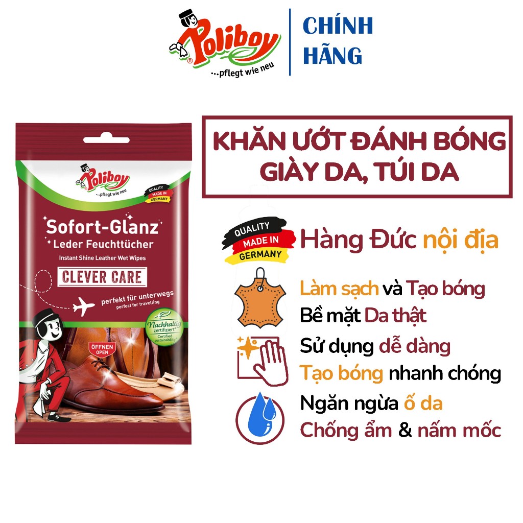 Khăn Ướt Lau Giày, Đánh Bóng Bốt Da POLIBOY Làm Sạch Túi Da, Tẩy Mốc Giầy Da, Chống Nấm Mốc, Dưỡng Túi Da, Gói 10 Tờ