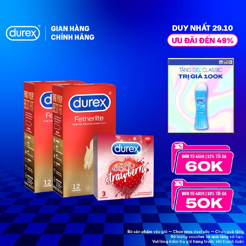 Bộ 2 bao cao su Durex Fetherlite siêu mỏng (52.5 mm, 12 bao/hộp)+ 1 Durex Sensual Strawberry hương dâu (52mm, 3 bao/hộp)