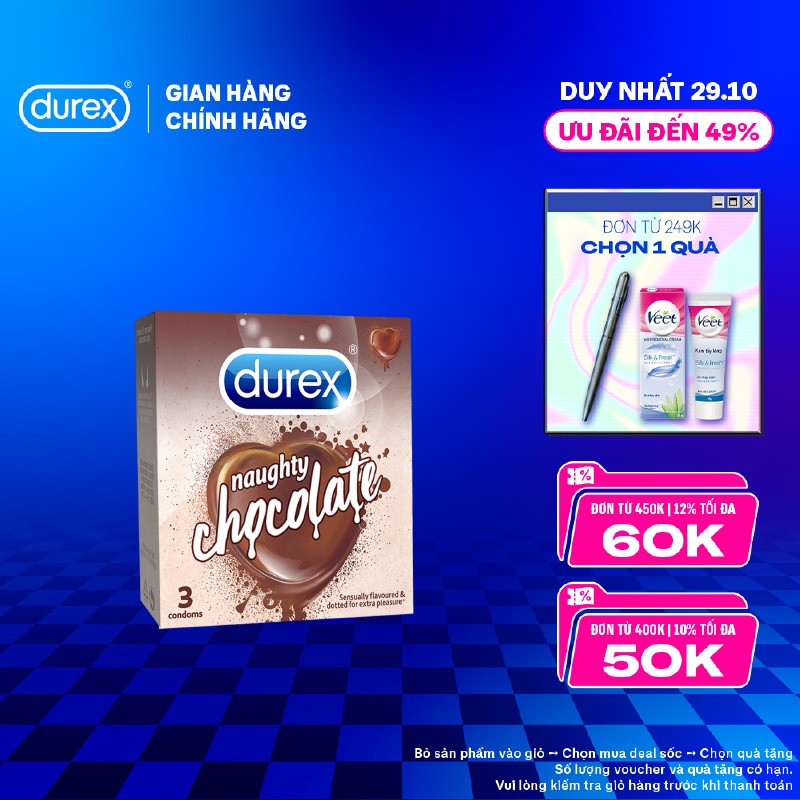 Bao cao su Durex Naughty Chocolate hương socola (size 53mm, hộp 3 bao)