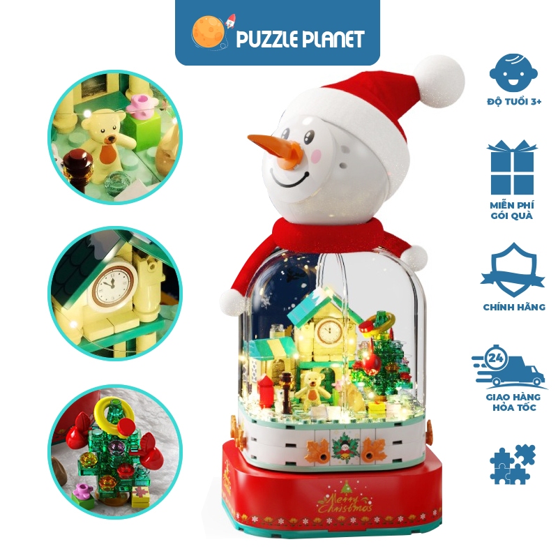 Hộp Nhạc Ghép Hình Noel Người Tuyết Có Hệ Thống Đèn Cho Giáng Sinh