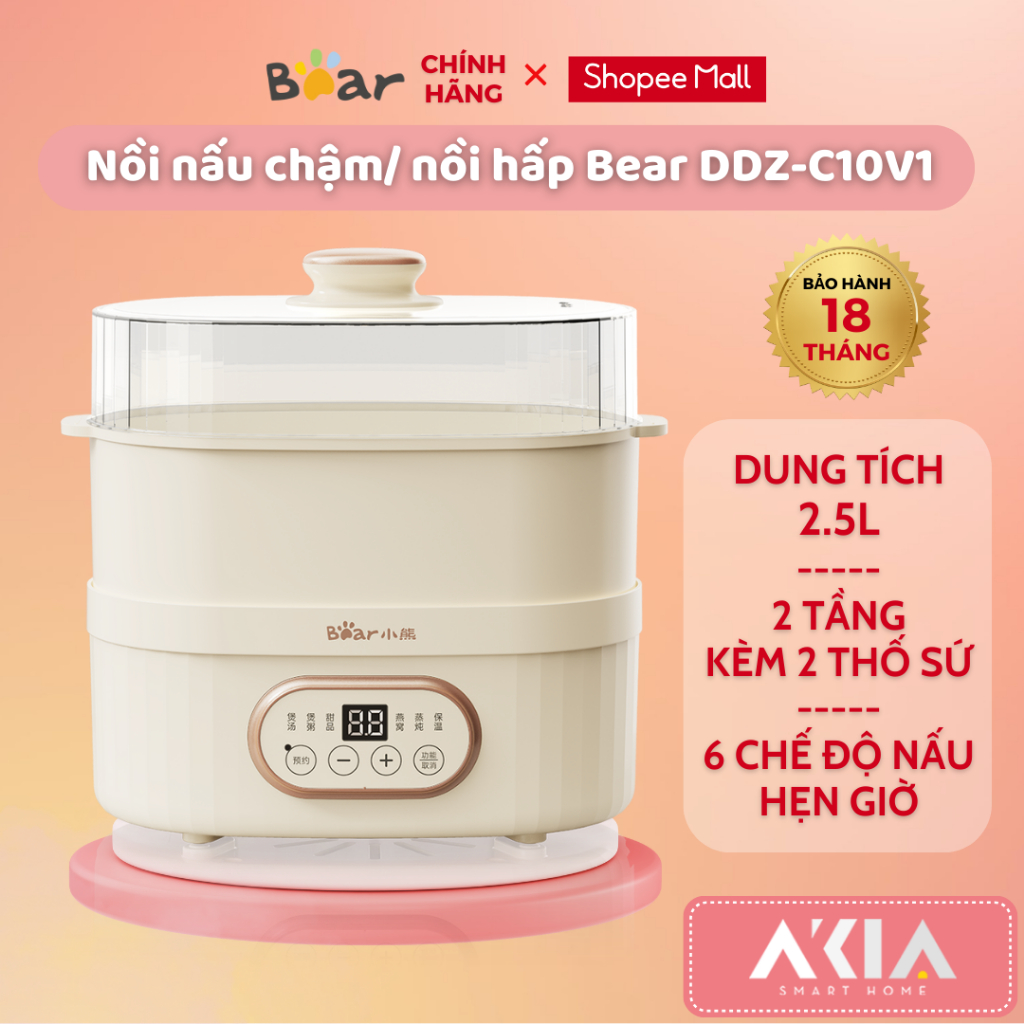 Nồi nấu chậm 2.5L Bear DDZ-C10V1, 2 tầng, kèm 2 thố sứ, 6 chế độ điều chỉnh, hẹn giờ, chính hãng