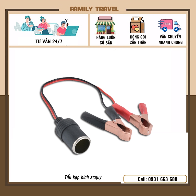Cáp chuyển đổi nguồn từ kẹp Acquy sang tẩu sạc Ô tô với điện áp 12V/24V - Family Travel