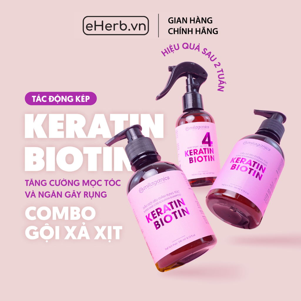 Liệu Trình Siêu Mọc Tóc Biotin & Keratin 4%: Dầu Gội, Dầu Xả, Xịt Mọc Tóc Hiệu Quả Sau 2 Tuần MILAGANICS