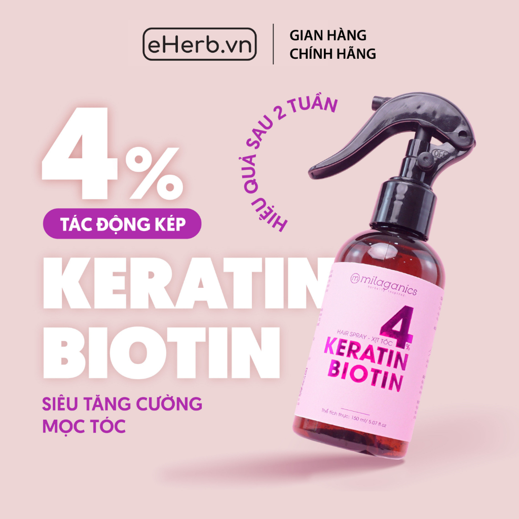 Xịt mọc tóc biotin & keratin 4% siêu tăng cường mọc tóc, làm dày tóc sau 3 tuần MILAGANICS 150ml 