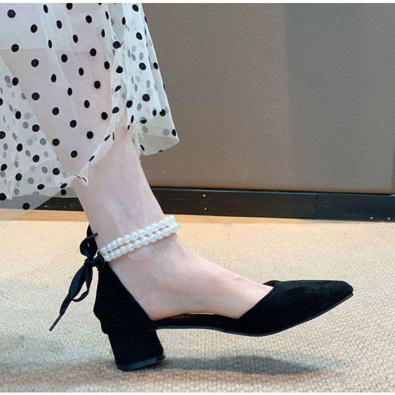 Giày sandal mũi nhọn phối quai ngọc đế 3cm xinh xắn nữ tính trẻ trung - Mã G61