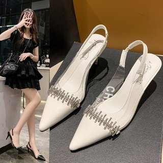 Giày sandal mũi nhọn hở gót quai trong đính đá nổi bật, sang trọng đế cao 5cm cho nữ - Mã G77
