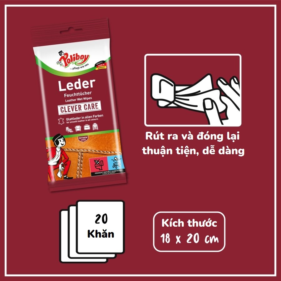 Khăn Ướt Lau Giày Da, Bốt Da, Túi Da POLIBOY Tẩy Mốc Túi Da, Chống Mốc Túi Da, Vệ Sinh Giầy Da, Dưỡng Túi Da, Gói 20 Tờ