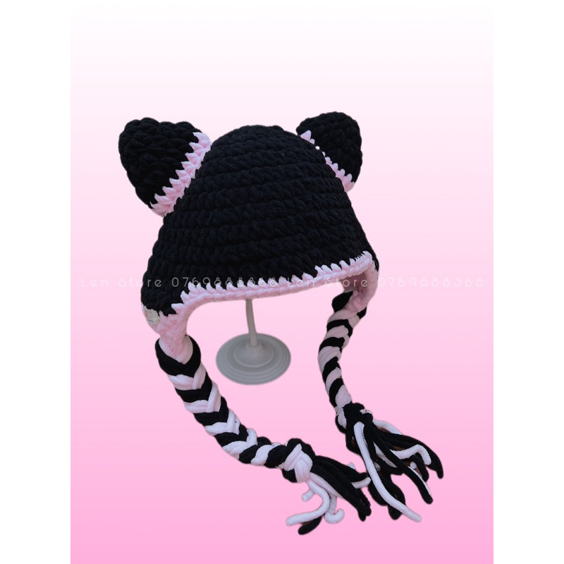 Mũ Len Tai Mèo 2 Bím Tóc Dễ Thương Bằng Len Bông Sữa - Phụ Kiện Thời Trang Handmade