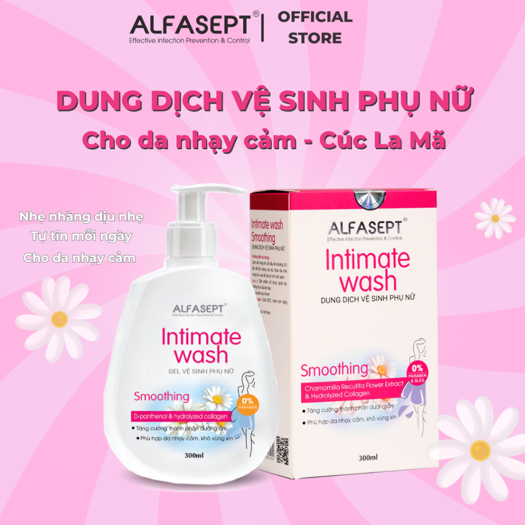 Dung Dịch Vệ Sinh Phụ Nữ ALFASEPT INTIMATE WASH SMOOTHING Chiết Xuất Cúc La Mã Dưỡng Ẩm Giảm Viêm Ngứa Và Ngăn Mùi 300ml