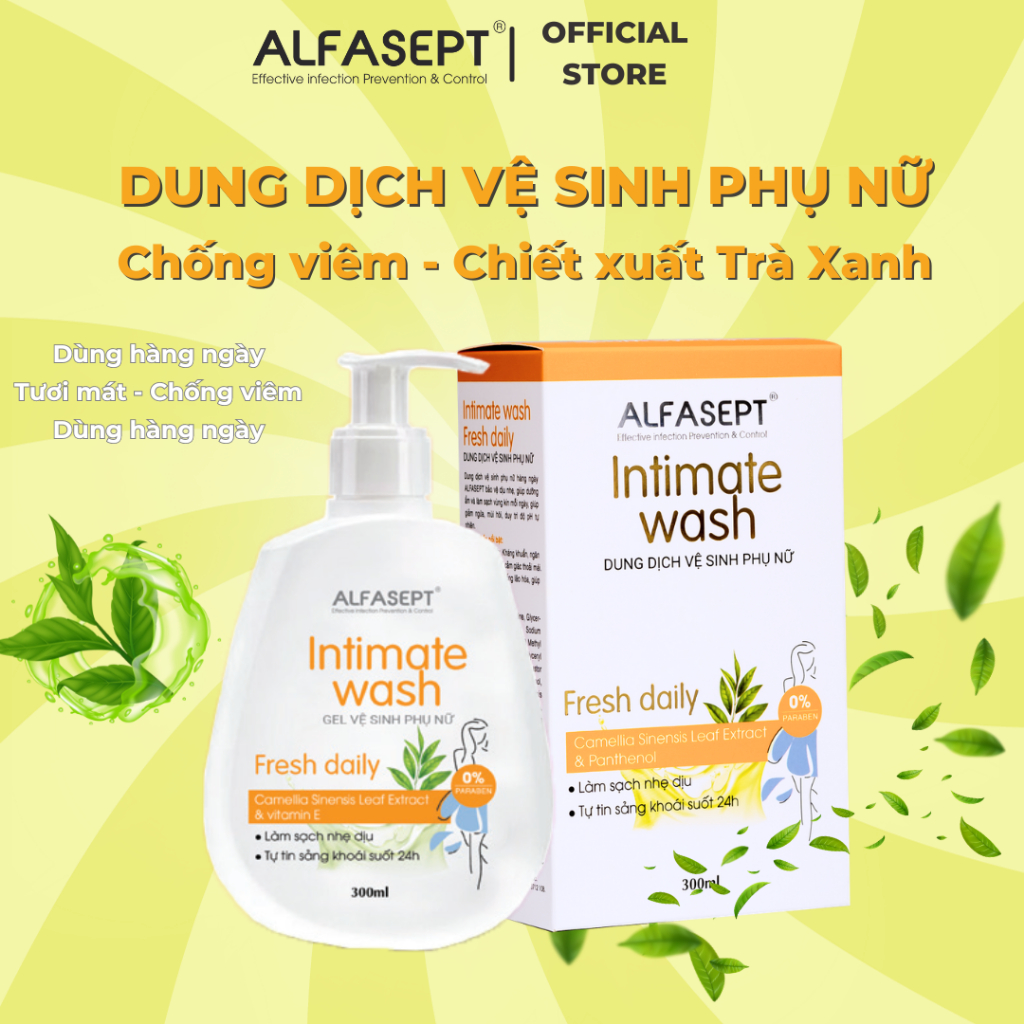 Dung dịch vệ sinh  nữ ALFASEPT Intimate wash - Fresh Daily Chiết Xuất Trà Xanh, Dịu Nhẹ Tươi Mát, Làm Sạch 150ML & 300ML