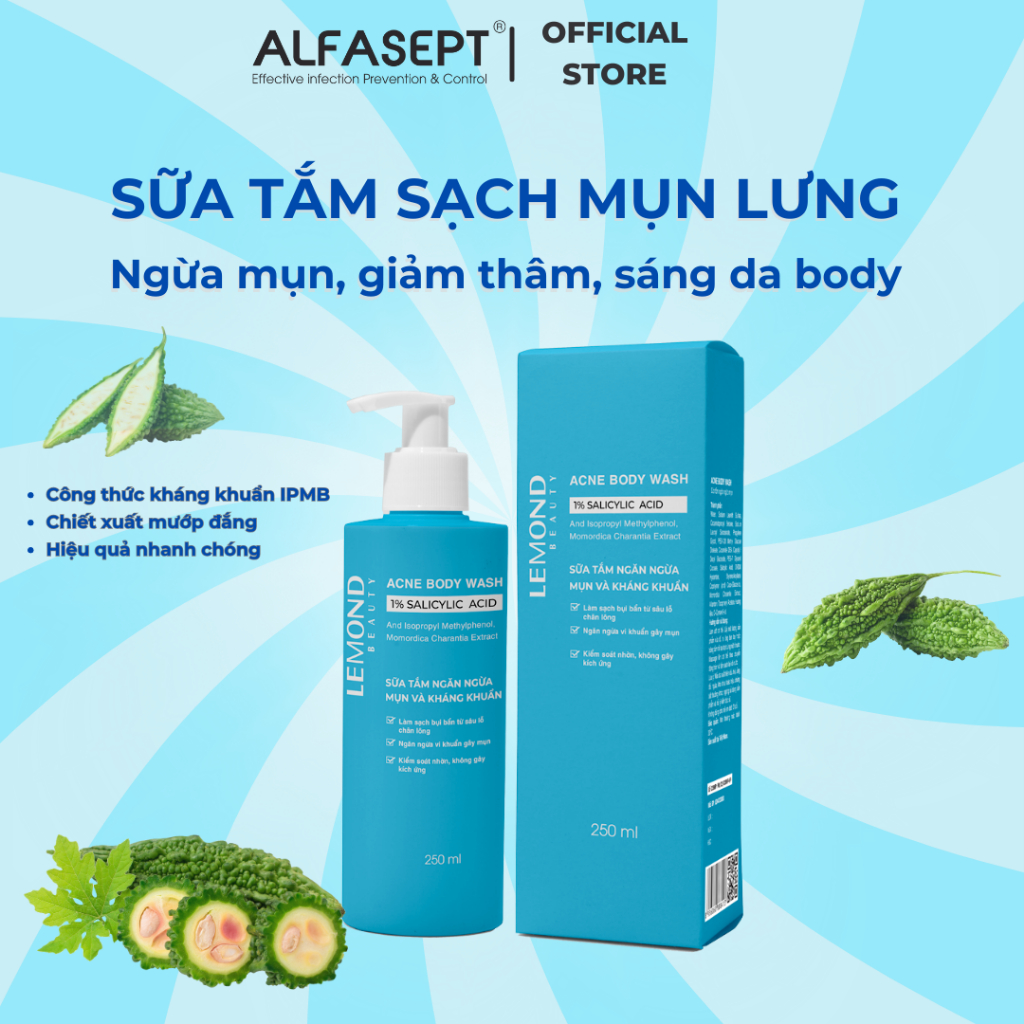 Sữa Tắm Giảm Mụn Lưng ALFASEPT Lemond Acne Body Wash Chiết Xuất Khổ Qua, Làm Sạch Sâu Bụi Bẩn Chai 250ml