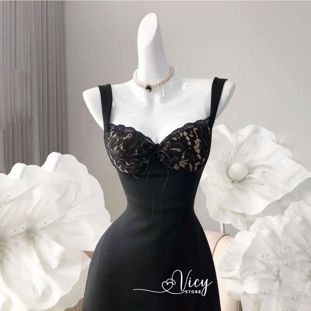 Đầm 2 dây phối ren gợi cảm có mút ngực, váy nữ ngắn sexy đi chơi dạo phối Vicy RENSX01
