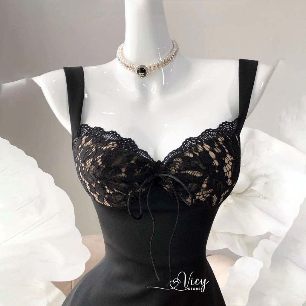 Đầm 2 dây phối ren gợi cảm có mút ngực, váy nữ ngắn sexy đi chơi dạo phối Vicy RENSX01