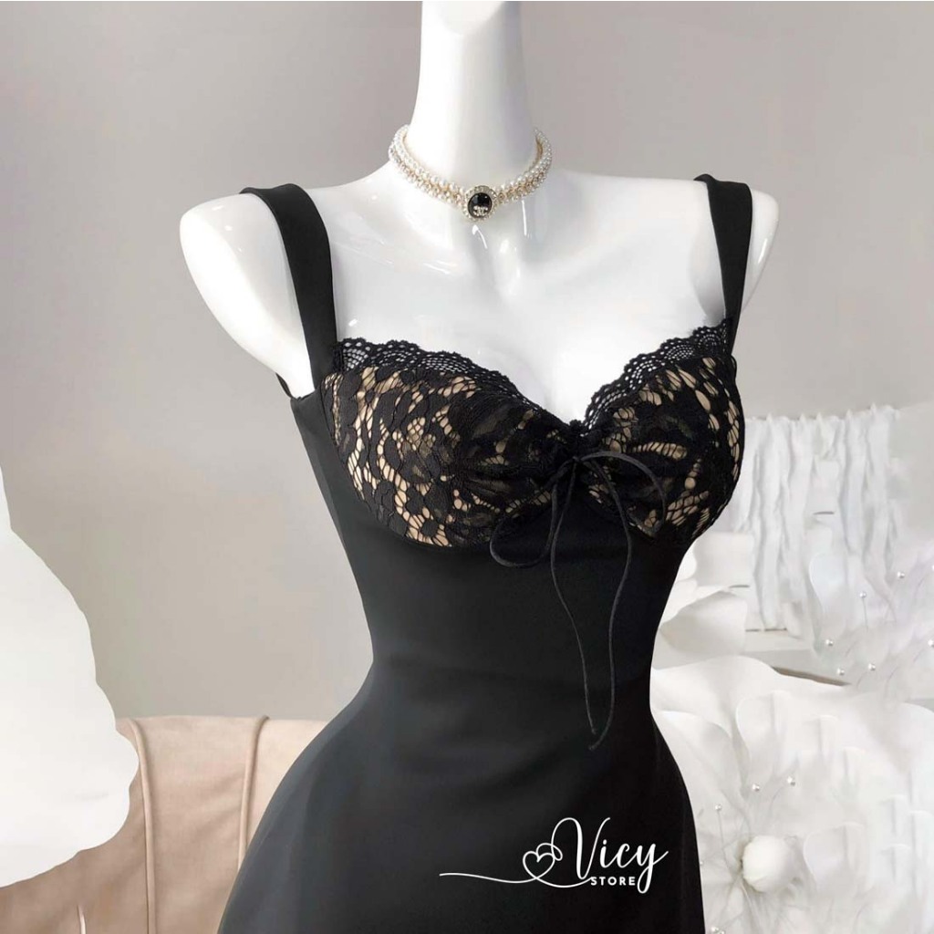 Đầm 2 dây phối ren gợi cảm có mút ngực, váy nữ ngắn sexy đi chơi dạo phối Vicy RENSX01