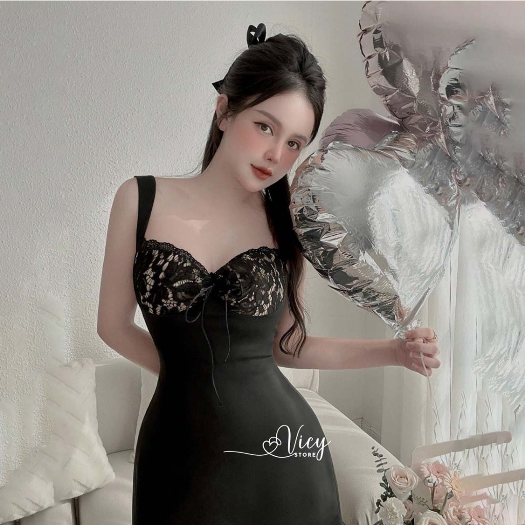Đầm 2 dây phối ren gợi cảm có mút ngực, váy nữ ngắn sexy đi chơi dạo phối Vicy RENSX01