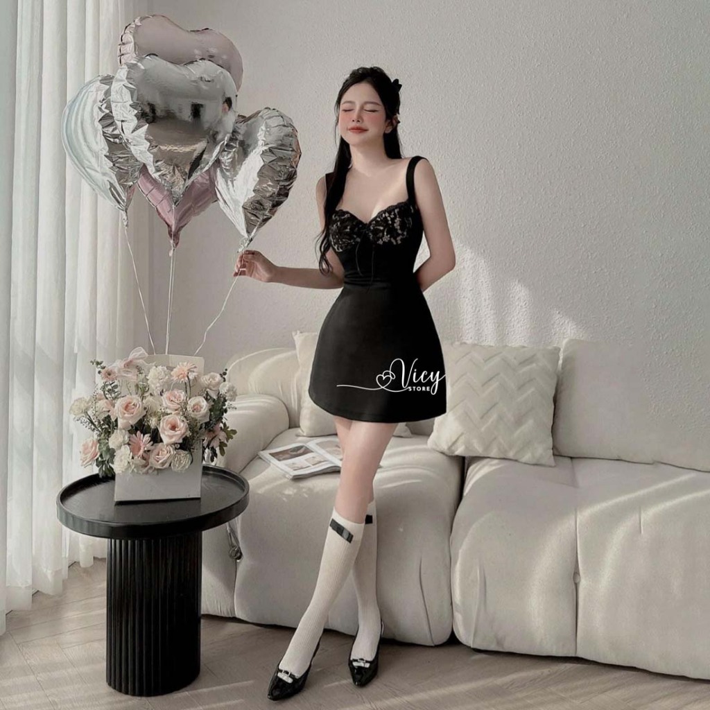 Đầm 2 dây phối ren gợi cảm có mút ngực, váy nữ ngắn sexy đi chơi dạo phối Vicy RENSX01