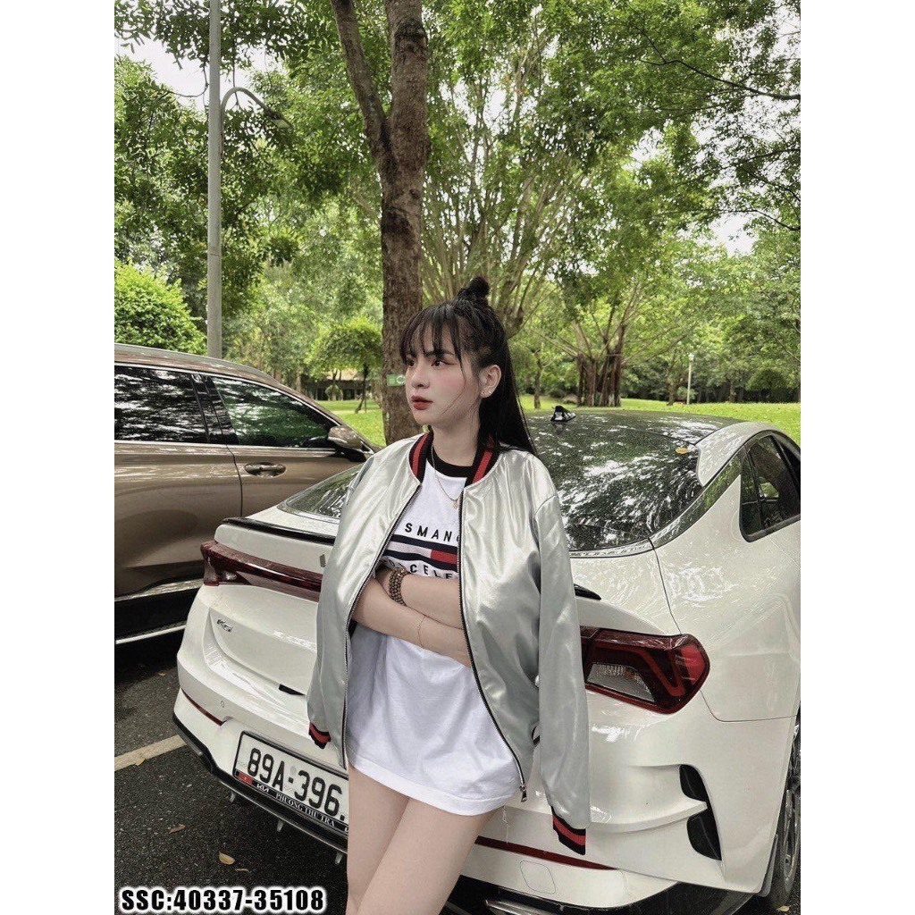 Áo Khoác Bomber GC Màu Bạc Họa Tiết Phối Da Sang Chảnh