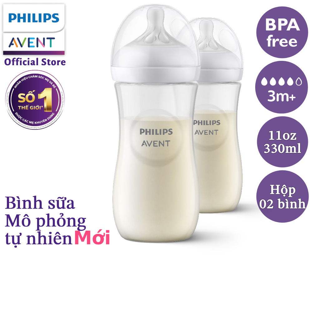 Philips Avent Hộp 2 Bình sữa mô phỏng tự nhiên 330ml mới (núm ty phản ứng tự nhiên) SCY906/02