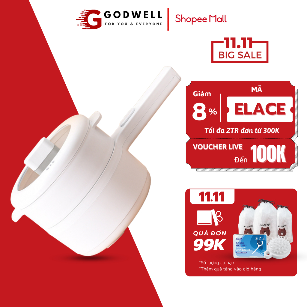 Nồi lẩu điện đa năng mini kèm xửng hấp dung tích 2L có tay cầm dài chống dính GODWELL