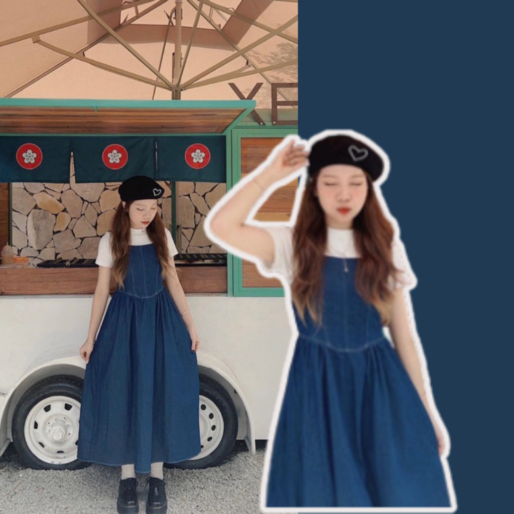Váy yếm dài chất denim 2 dây cạp chun sau màu xanh đậm, váy yếm jean 2 dây bò dáng xoè