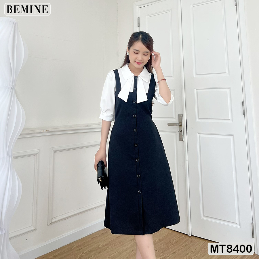 Đầm phối tay cổ sơ mi nơ BEMINE MT8400